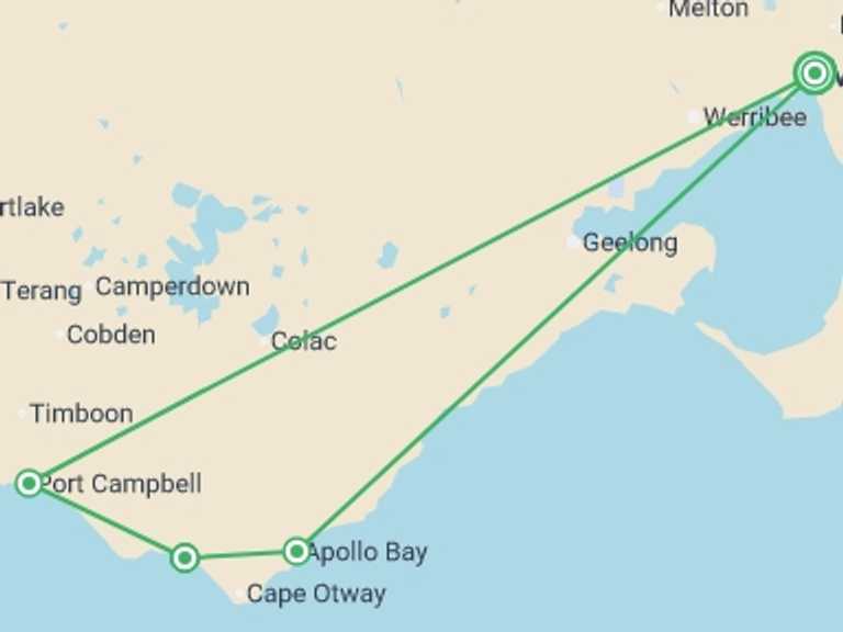 Map itinerary of Melbourne Tour in May 2026 with 4 destination visits for the trip: Hike the Great Ocean Walk