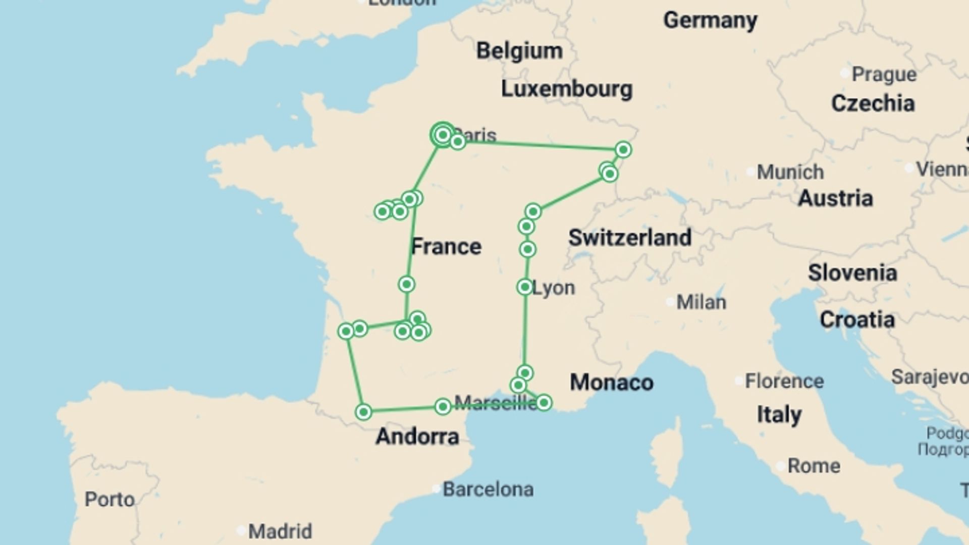 A map showing the tour itinerary for the trip: Enchanted France, starting in Paris, France and ending in Paris, France going through 9 other destinations.