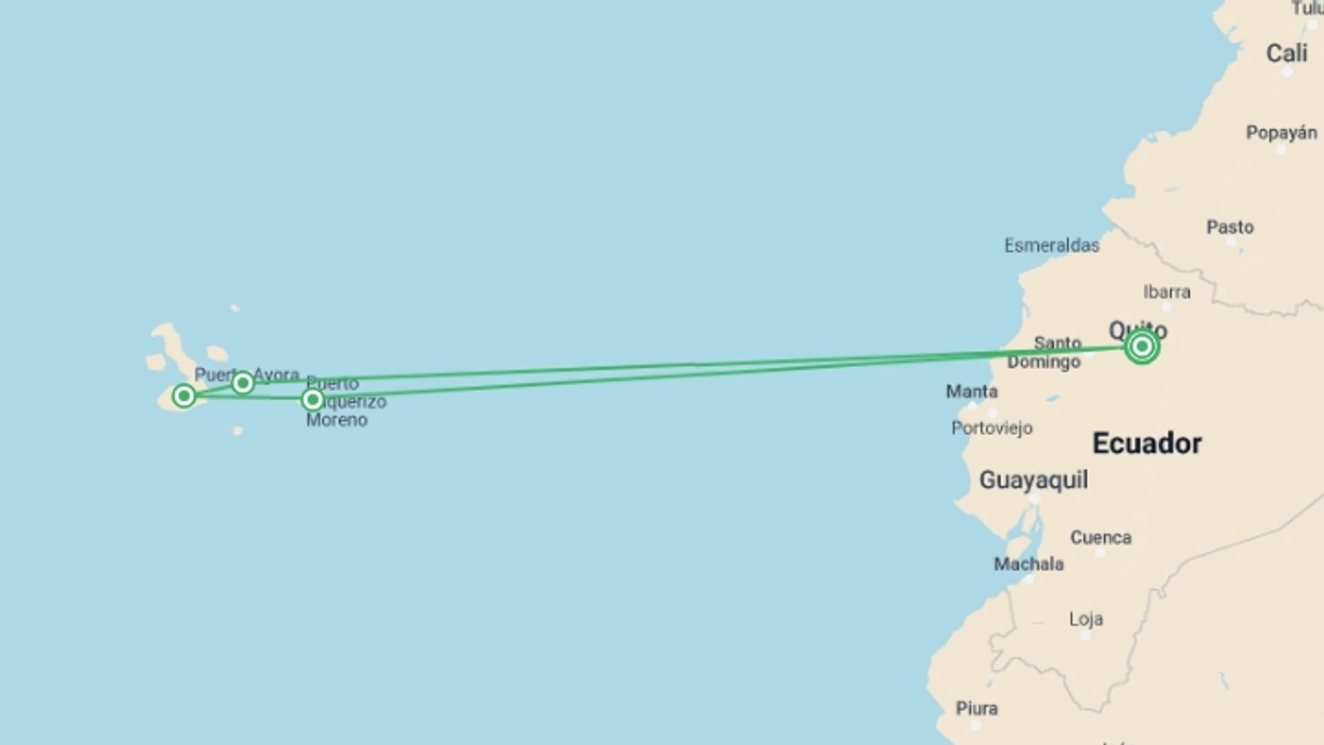 A map showing the tour itinerary for the trip: Galápagos Adventure: Snorkelling & Sea Lions, starting in Quito, Ecuador and ending in Quito, Ecuador going through 3 other destinations.