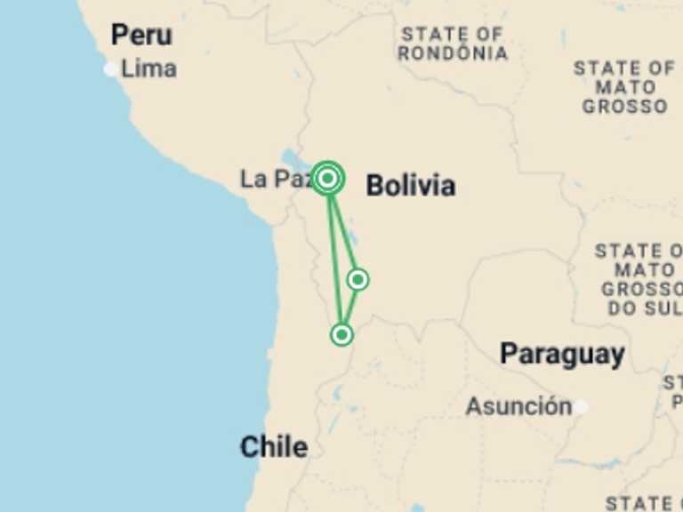Map of South America Tour with 4 destination visits for the trip: Bolivia in a Week