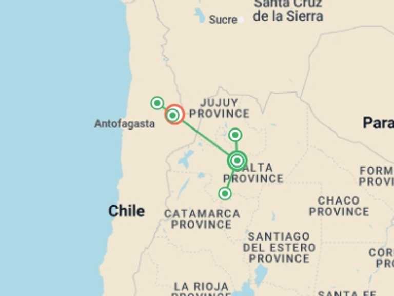 Map of a Deserts and canyons Tour with 6 destination visits for the trip: Northern Argentina & Chile Tour