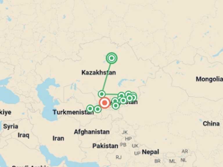 Map itinerary of Bishkek Tour in September 2025 with 15 destination visits for the trip: Astana to Tashkent