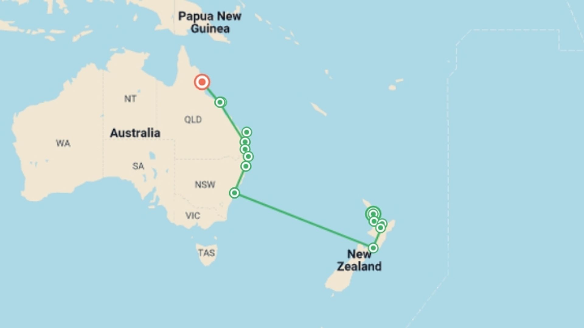 A map showing the tour itinerary for the trip: Australia and New Zealand: Surfing Waves & The Whitsundays, starting in Auckland, New Zealand and ending in Cairns, Australia going through 11 other destinations.
