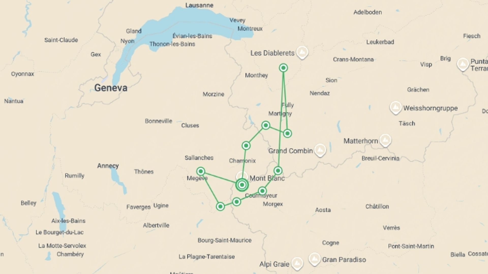 A map showing the tour itinerary for the trip: Mont Blanc Encompassed Guided Hike, starting in Mont Blanc, France and ending in Mont Blanc, France going through 10 other destinations.