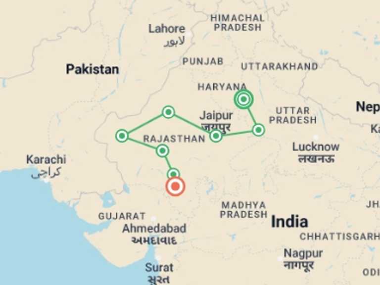 Map itinerary of Rajasthan Tour in Summer with 9 destination visits for the trip: Royal Rajasthan Tour