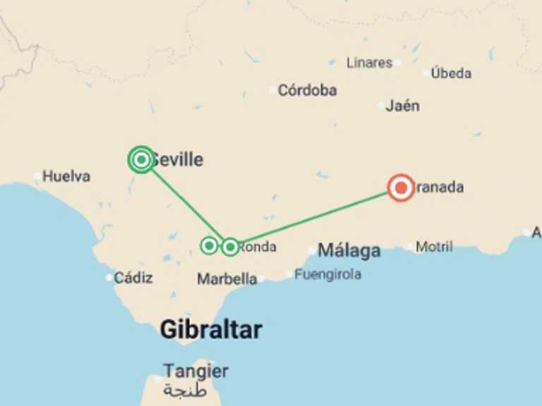 Map itinerary of Spain Tour in October 2027 with 4 destination visits for the trip: Highlights of Andalucia