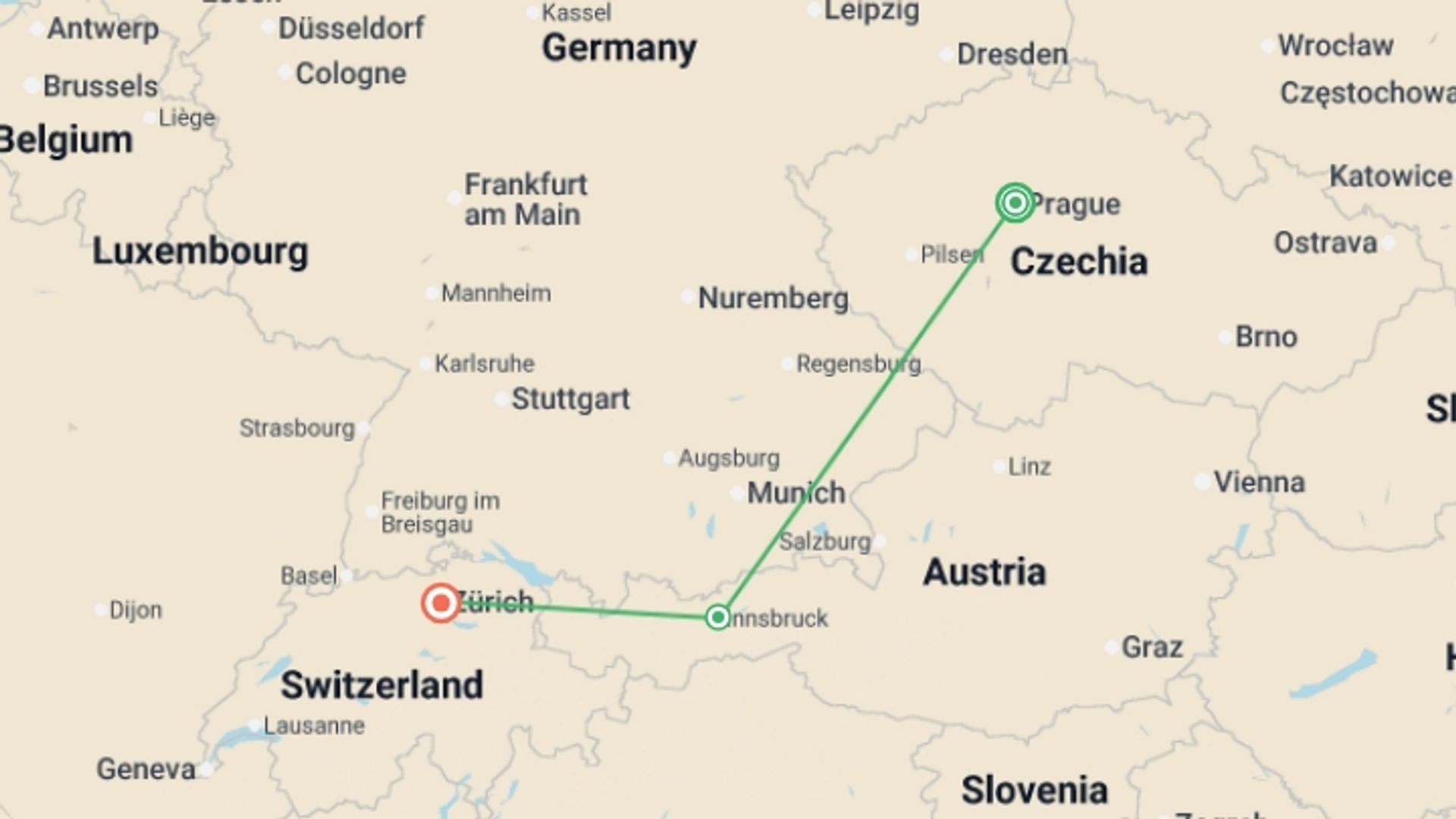 A map showing the tour itinerary for the trip: From Prague to Zurich, starting in Prague, Czech Republic and ending in Zurich, Switzerland going through 1 other destinations.
