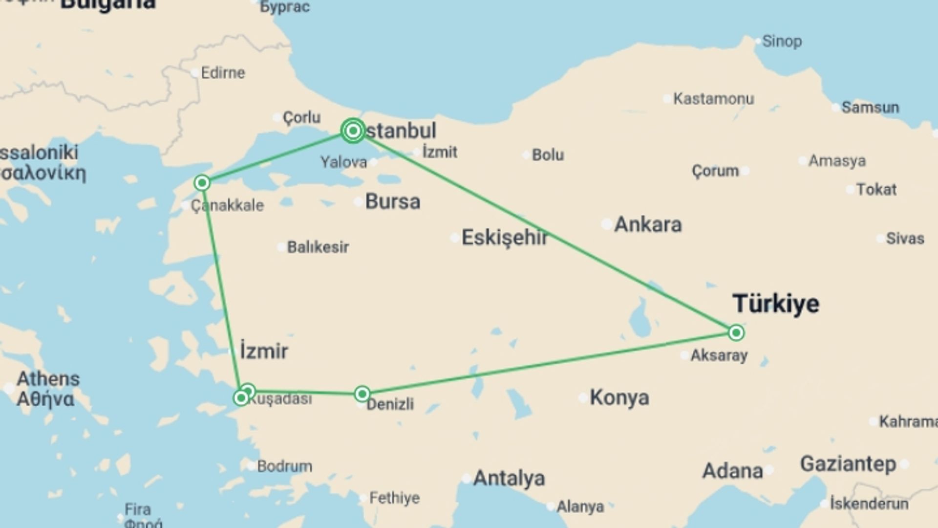 A map showing the tour itinerary for the trip: Turkey Unplugged - 10 Days, starting in Istanbul, Turkey and ending in Istanbul, Turkey going through 5 other destinations.