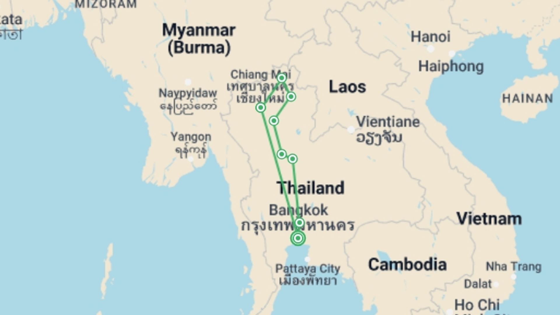 A map showing the tour itinerary for the trip: Experience Thailand 9 Days - Bangkok To The North, Small Group Tour (other Languages), starting in Bangkok, Thailand and ending in Bangkok, Thailand going through 4 other destinations.