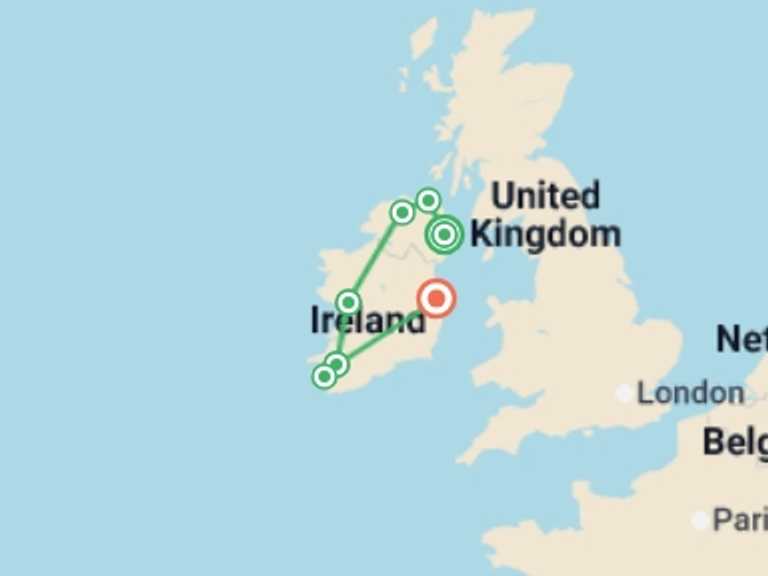 Map of Killarney Cultural, religious and historic sites Tour with 5 destination visits for the trip: Northern & Southern Ireland