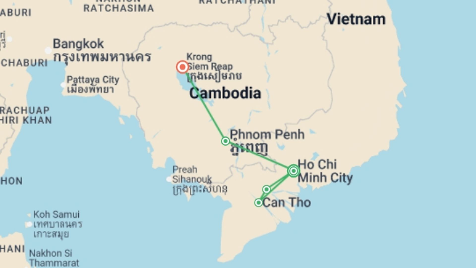 A map showing the tour itinerary for the trip: Saigon to Siem Reap (Partially Guided) - 8 days, starting in Ho Chi Minh City, Vietnam and ending in Siem Reap, Cambodia going through 2 other destinations.