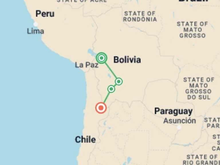 Map itinerary of San Pedro De Atacama Tour in November 2026 with 4 destination visits for the trip: Highlights of Bolivia - 9 days