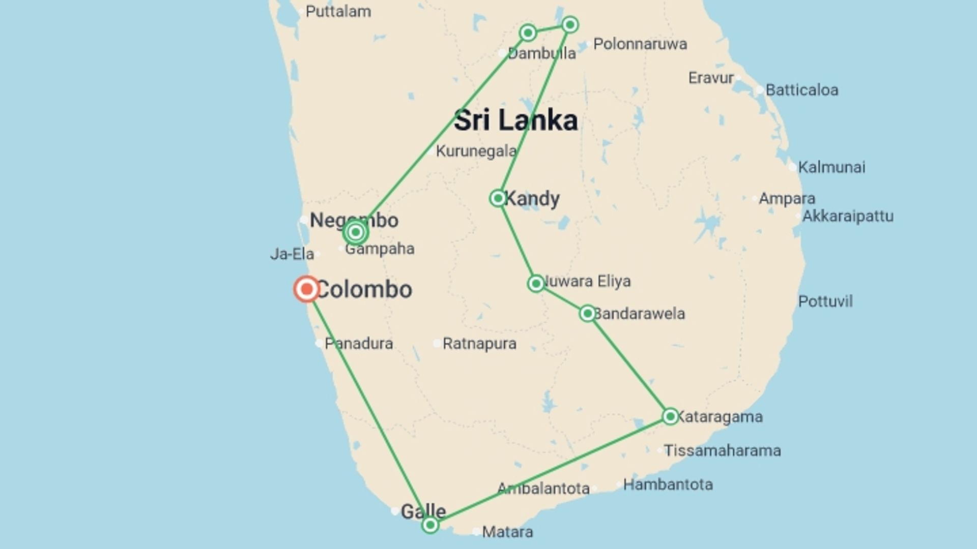 A map showing the tour itinerary for the trip: Discover Sri Lanka, starting in Veyangoda, Sri Lanka and ending in Colombo, Sri Lanka going through 7 other destinations.