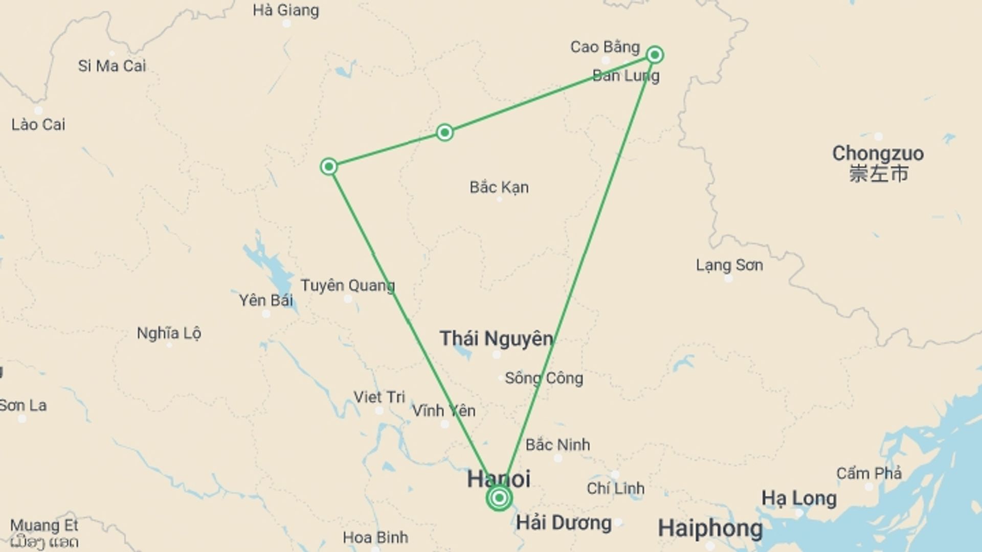 A map showing the tour itinerary for the trip: Off The Beaten Path Motorbike Tour 5 Days 4 Nights, starting in Hanoi, Vietnam and ending in Hanoi, Vietnam going through 3 other destinations.