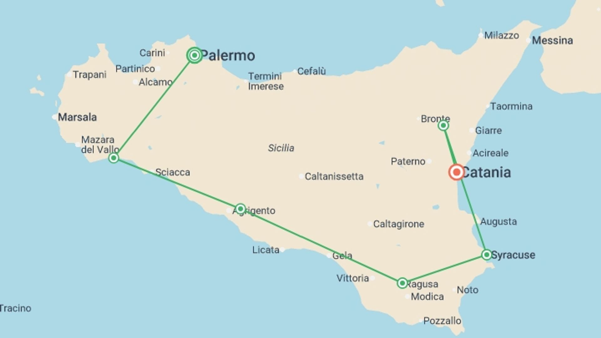 A map showing the tour itinerary for the trip: Splendours of Sicily, starting in Palermo, Italy and ending in Catania, Italy going through 5 other destinations.