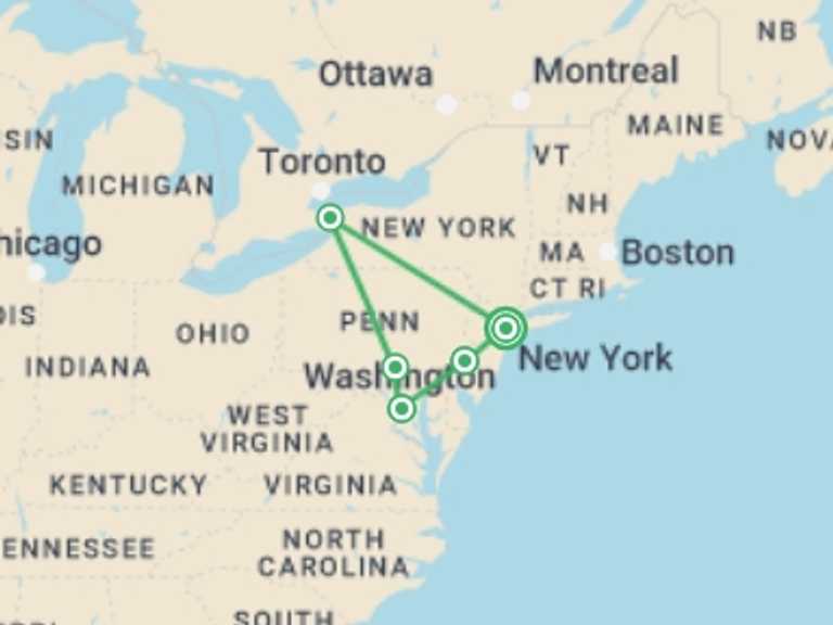 Map itinerary of Washington D.C. Tour in May 2026 with 5 destination visits for the trip: Great American Eastern Cities