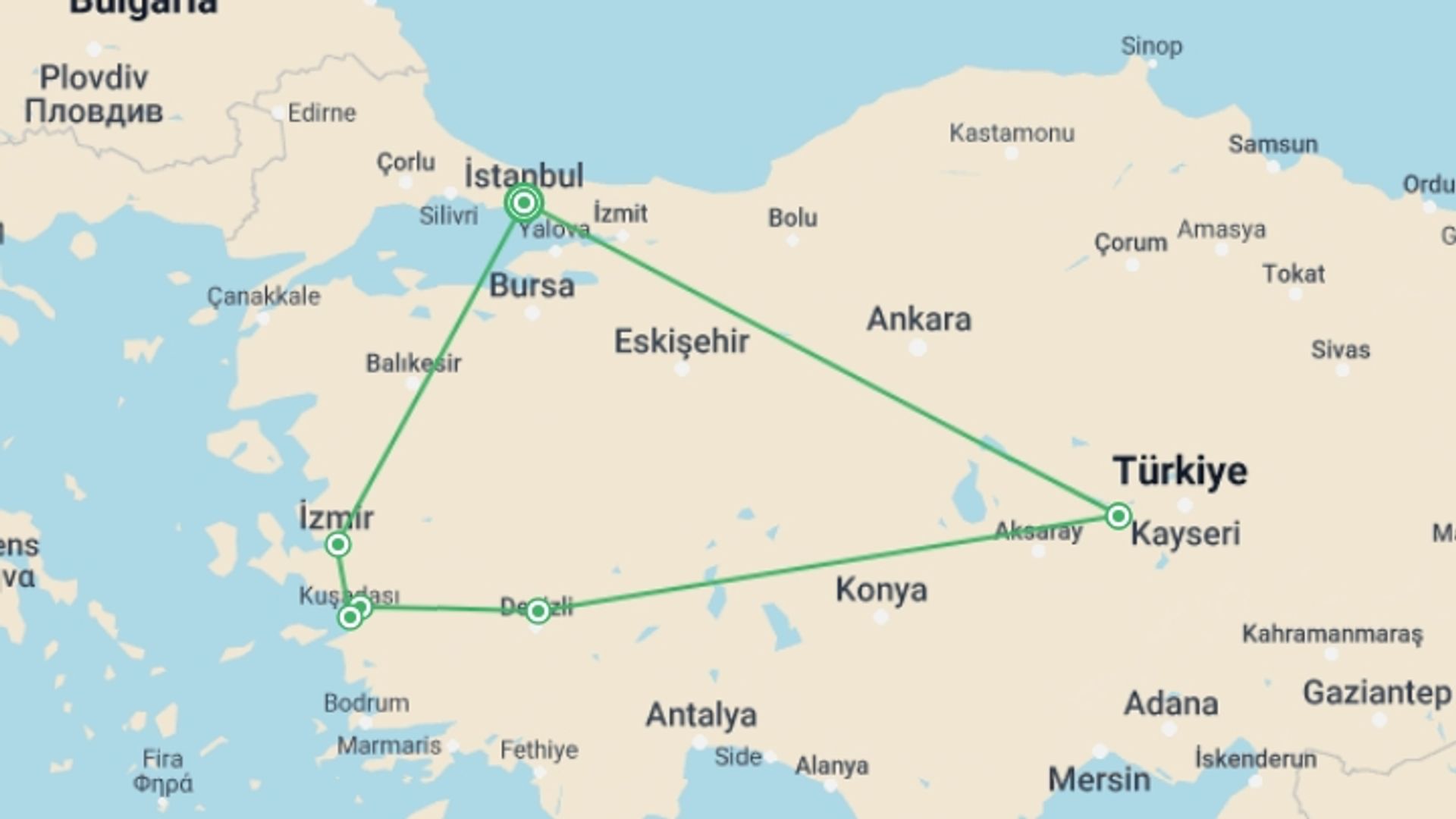 A map showing the tour itinerary for the trip: Highlights of Turkey (5 Star Hotels), starting in Istanbul, Turkey and ending in Istanbul, Turkey going through 3 other destinations.