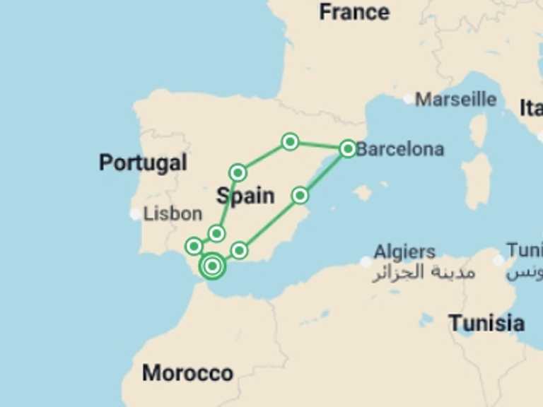 Map itinerary of Mediterranean Tour in Summer with 6 destination visits for the trip: Costa del Sol to Barcelona & Madrid - 9 days