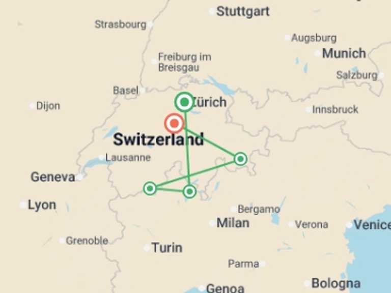 Map of Switzerland Tour with 6 destination visits for the trip: Alpine Lakes & Scenic Trains featuring a cruise on Lake Maggiore and scenic trains in Switzerland & Italy