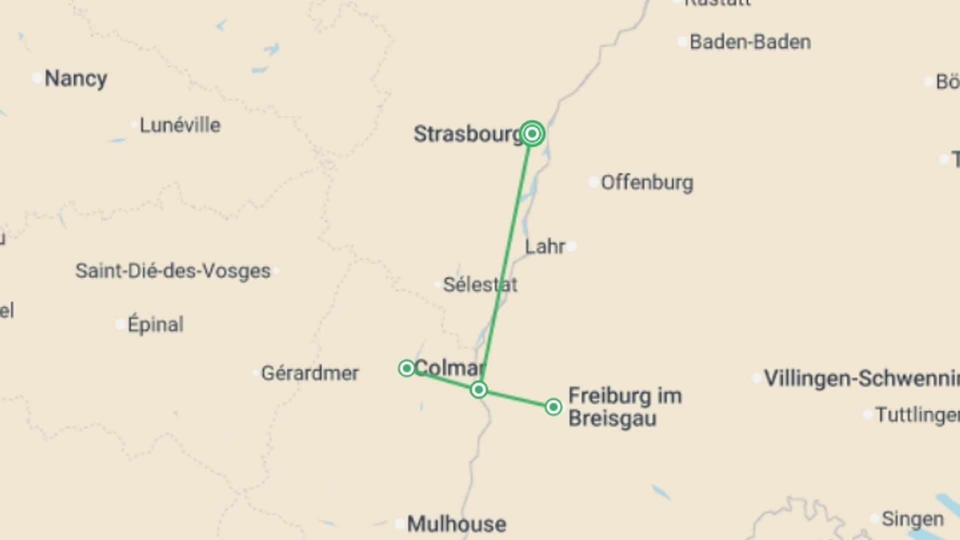 A map showing the tour itinerary for the trip: A Bountiful Christmas in Alsace and the Black Forest (port-to-port cruise), starting in Strasbourg, France and ending in Strasbourg, France going through 1 other destinations.