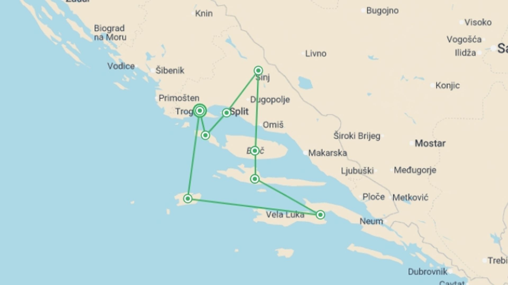 A map showing the tour itinerary for the trip: Croatia Family Adventure, starting in Trogir, Croatia and ending in Trogir, Croatia going through 5 other destinations.