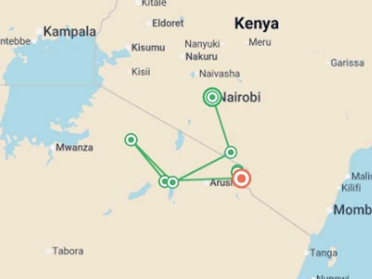 Map of Africa Walking Tour with 9 destination visits for the trip: Serengeti & Kilimanjaro
