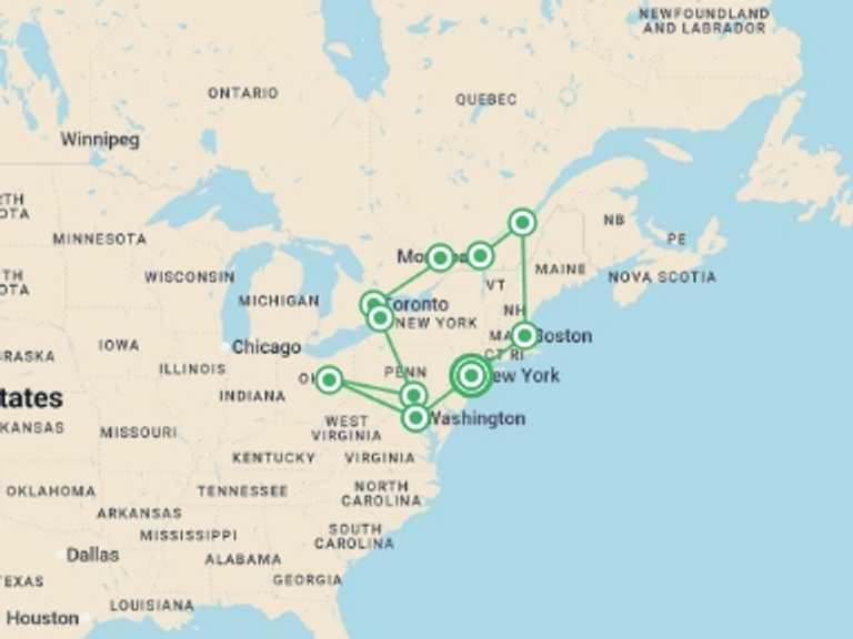 Map itinerary of Canada Tour in October 2025 with 8 destination visits for the trip: Eastern Discovery