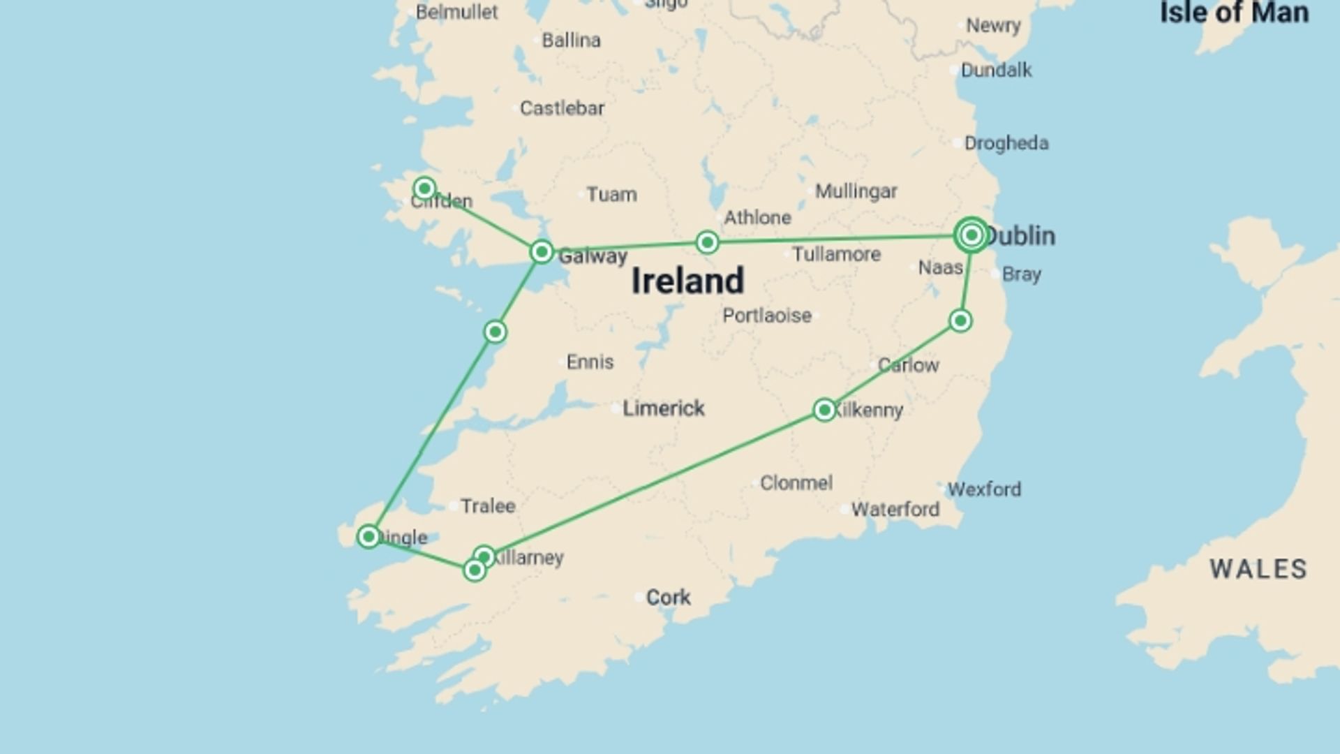 A map showing the tour itinerary for the trip: Best of the Emerald Isle - 8 days, starting in Dublin, Ireland and ending in Dublin, Ireland going through 5 other destinations.