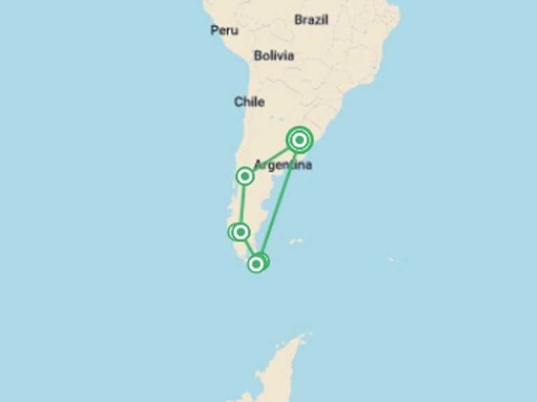 Map of Argentina Walking Tour with 4 destination visits for the trip: Patagonia Argentina Air-Expedition 14D/13N