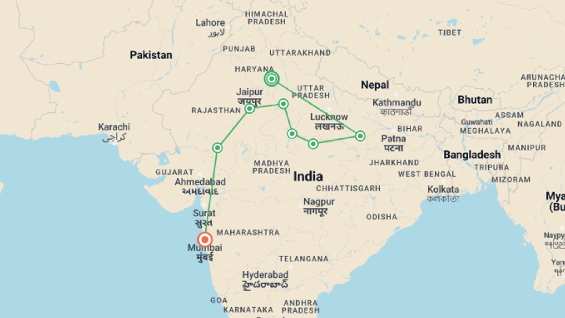 A map showing the tour itinerary for the trip: Northern India Jewels, starting in New Delhi, India and ending in Mumbai, India going through 5 other destinations.