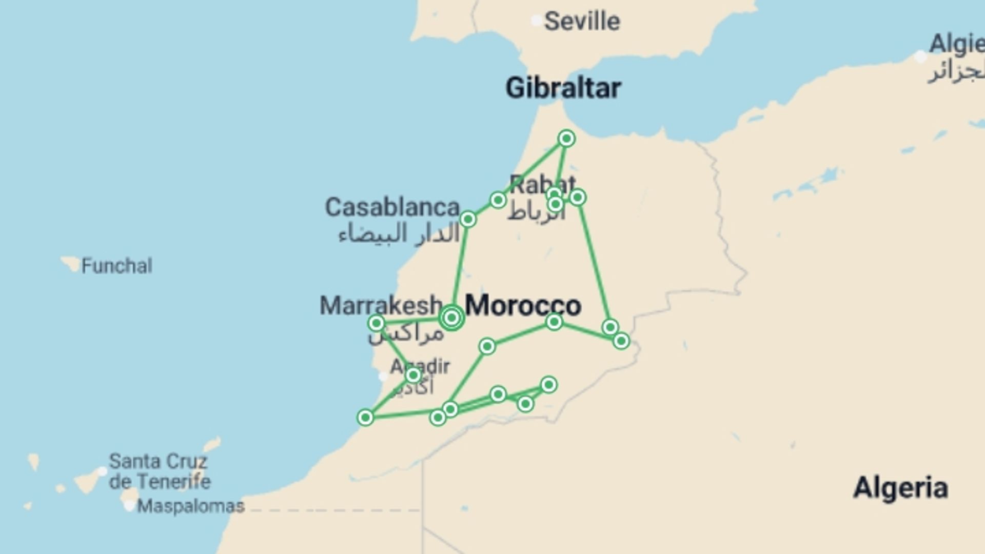 A map showing the tour itinerary for the trip: Grand Tour of Morocco, starting in Marrakech, Morocco and ending in Marrakech, Morocco going through 12 other destinations.