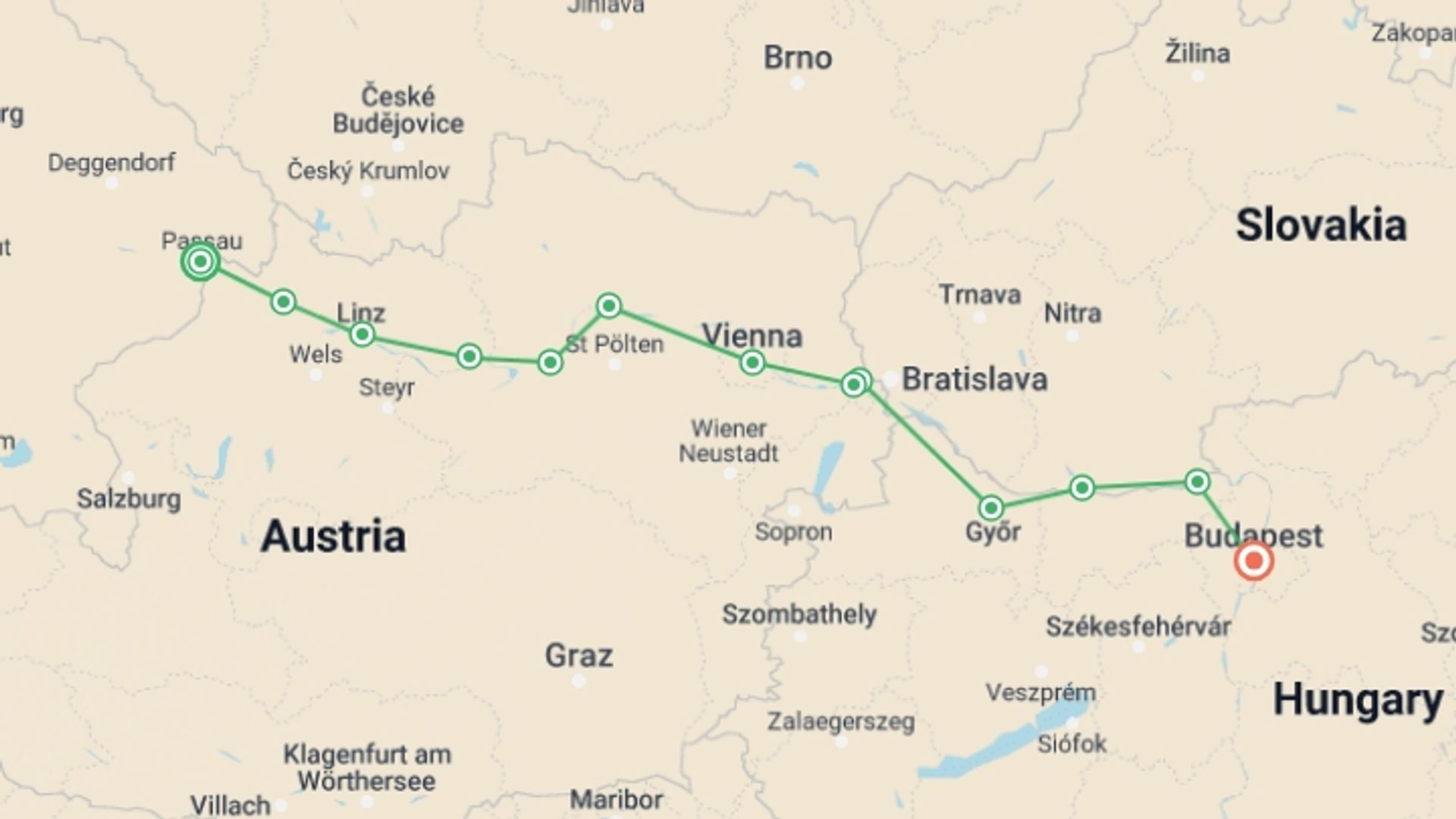 A map showing the tour itinerary for the trip: Danube Cycle, starting in Passau, Germany and ending in Budapest, Hungary going through 11 other destinations.