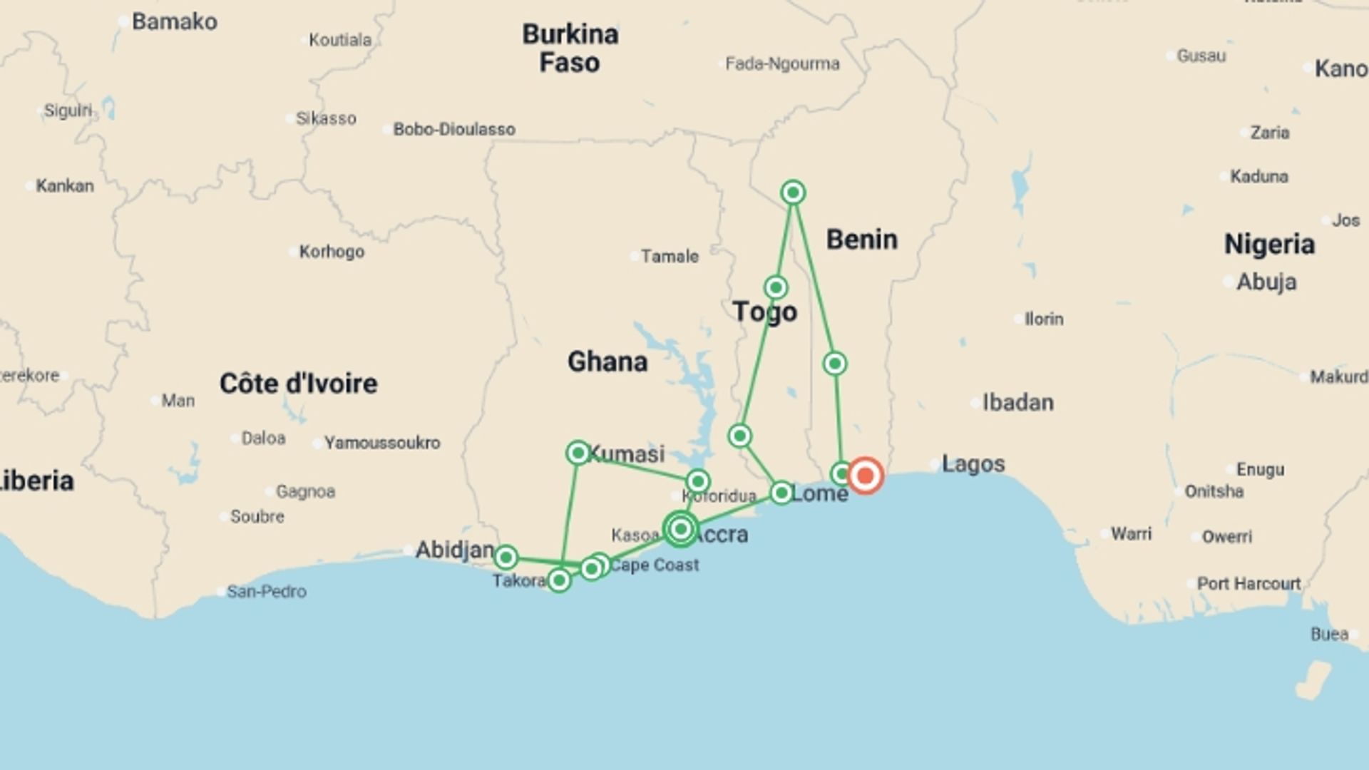 A map showing the tour itinerary for the trip: West African Adventure: Highlights of Ghana, Togo & Benin, starting in Accra, Ghana and ending in Cotonou, Benin going through 12 other destinations.