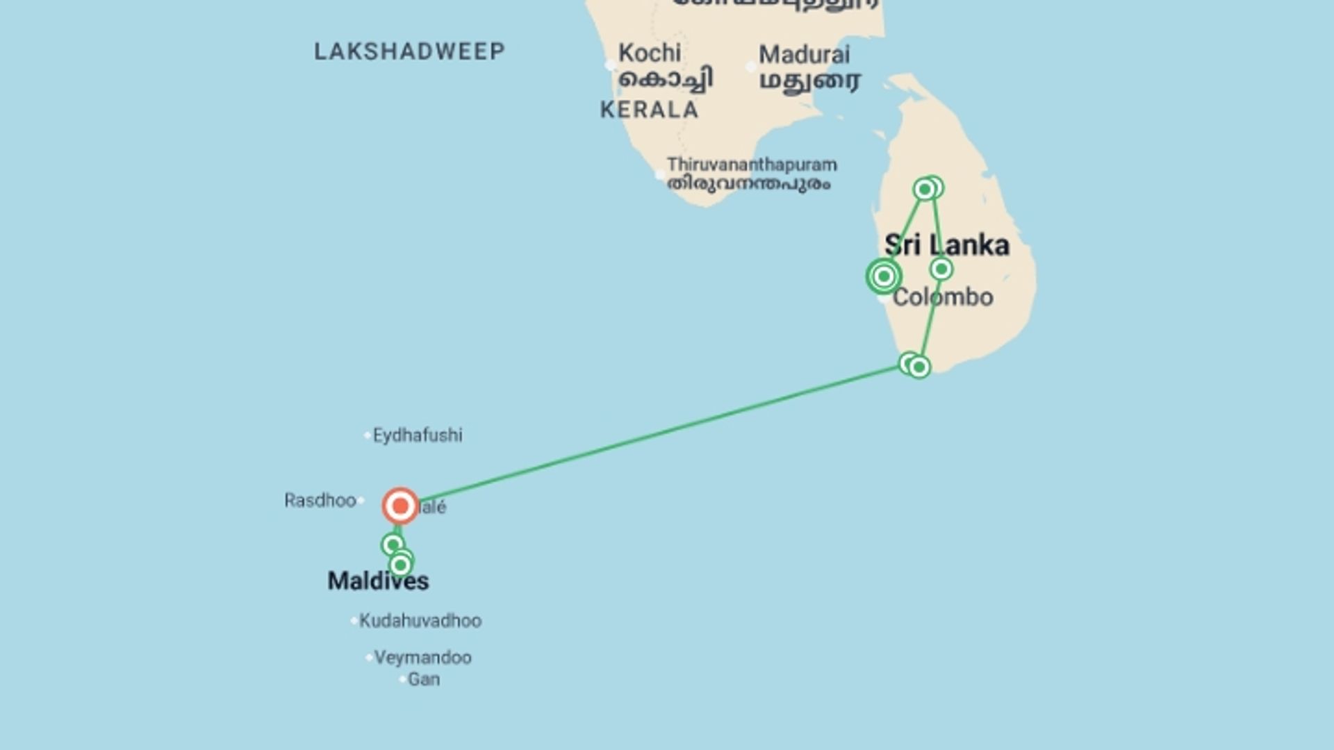 A map showing the tour itinerary for the trip: Highlights of Sri Lanka + Maldive Dhoni Cruise, starting in Negombo, Sri Lanka and ending in Male, Maldives going through 8 other destinations.