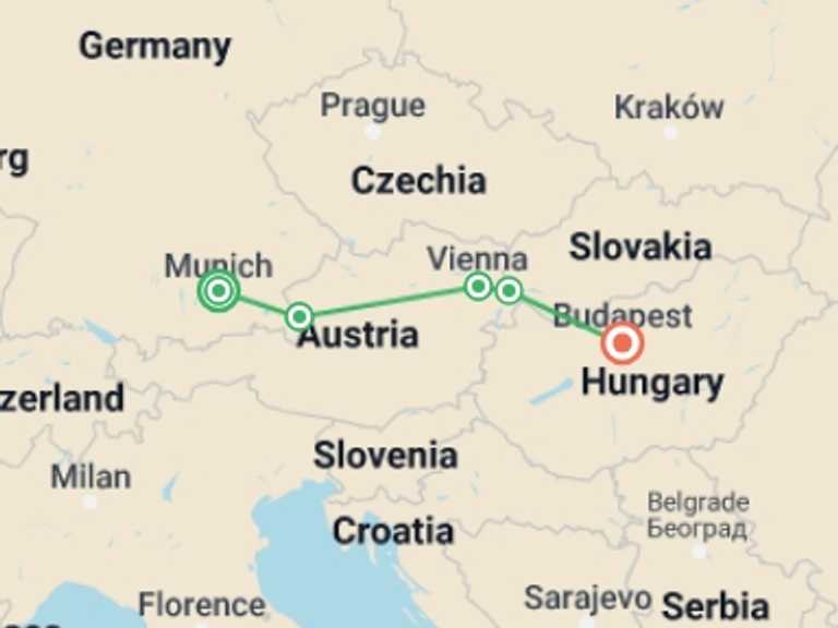 Map of Vienna Cultural, religious and historic sites Tour with 4 destination visits for the trip: Magical Christmas Markets: Munich to Budapest