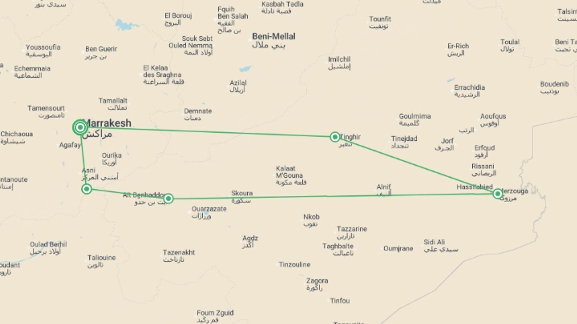 A map showing the tour itinerary for the trip: One Week in Morocco: Sahara & Todra Gorge, starting in Marrakech, Morocco and ending in Marrakech, Morocco going through 4 other destinations.