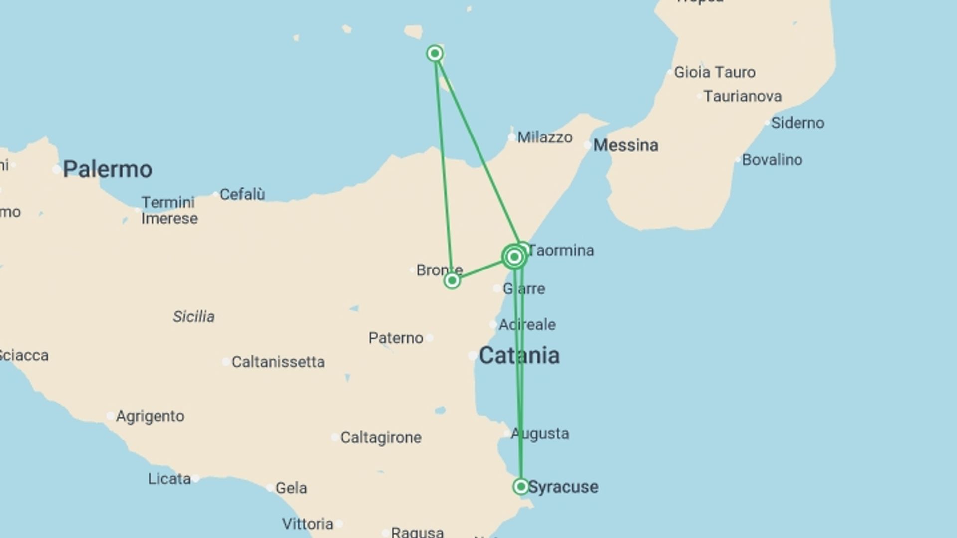 A map showing the tour itinerary for the trip: Walking In Sicily, starting in Giardini Naxos, Italy and ending in Giardini Naxos, Italy going through 5 other destinations.