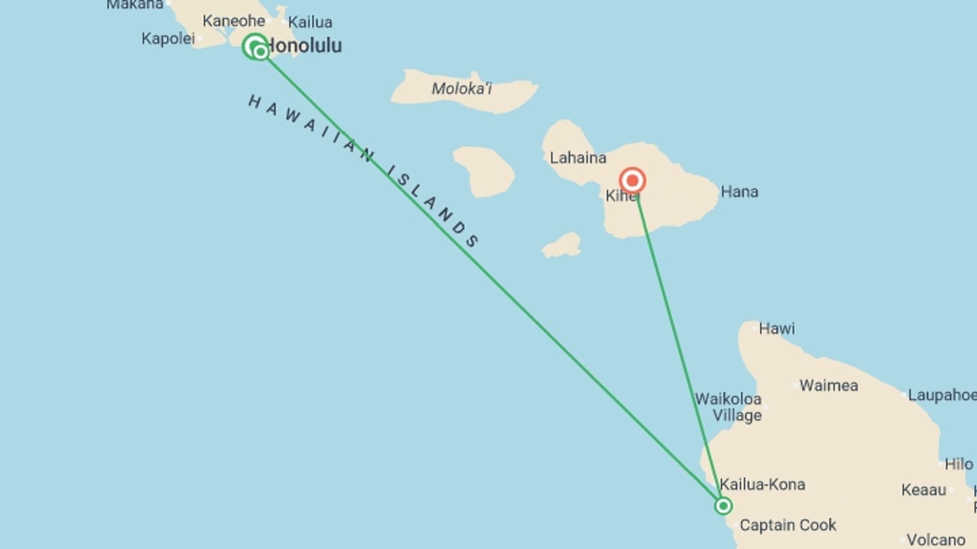 A map showing the tour itinerary for the trip: Hawaiian Explorer, starting in Honolulu, USA and ending in Maui, USA going through 3 other destinations.