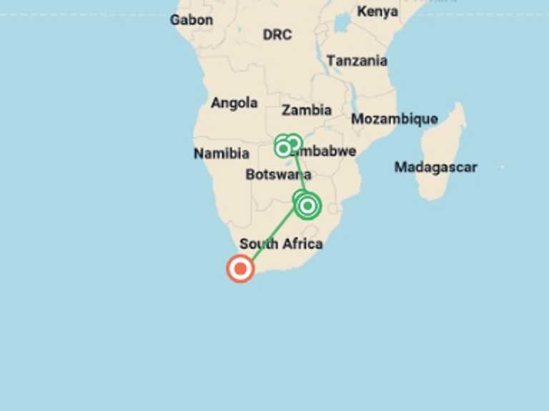 Map itinerary of Cape Town Tour in January 2027 with 7 destination visits for the trip: Exploring South Africa, Victoria Falls & Botswana 