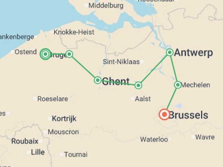 Map itinerary of Europe Tour in May 2026 with 7 destination visits for the trip: Belgium Cycle - Bruges to Brussels