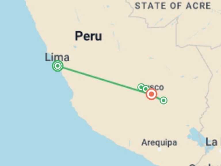 Map of 7-Day Lima Tour with 3 destination visits for the trip: Shades Of Peru