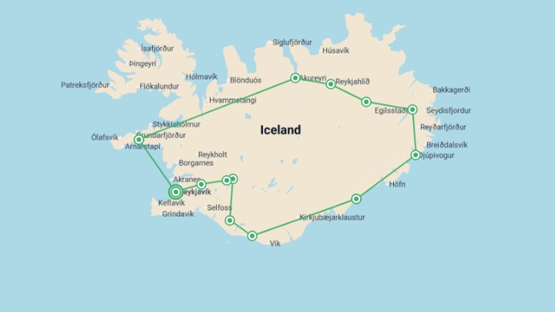 A map showing the tour itinerary for the trip: Iceland Discovery, starting in Reykjavik, Iceland and ending in Reykjavik, Iceland going through 5 other destinations.