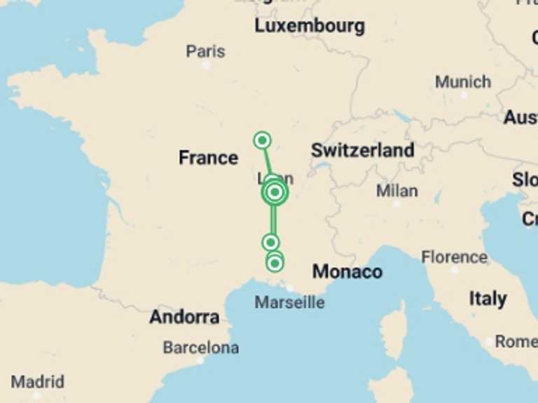 Map of Europe Tour with 7 destination visits for the trip: Magical Rhone and Saone Cruise