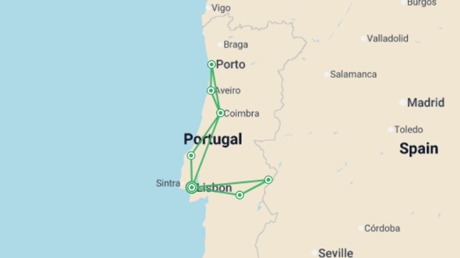 A map showing the tour itinerary for the trip: Treasures of Portugal, starting in Lisbon, Portugal and ending in Lisbon, Portugal going through 5 other destinations.