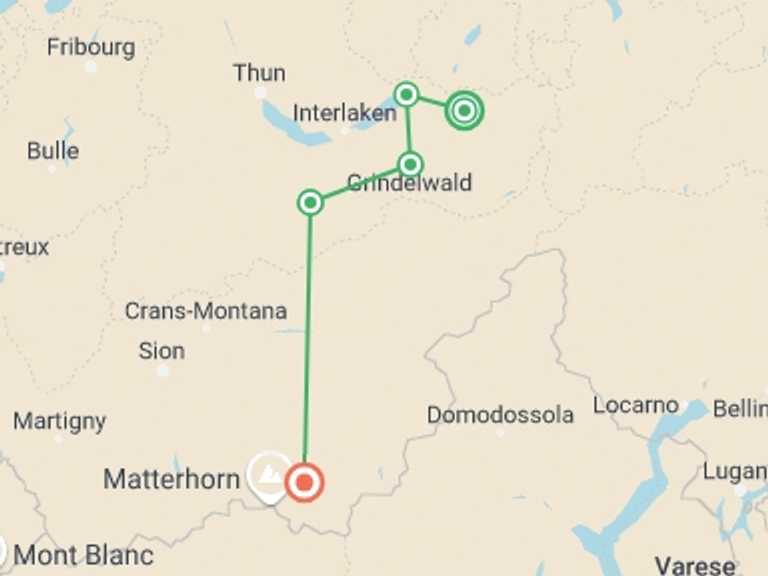 Map of Europe Tour with 4 destination visits for the trip: The Bernese Oberland and Reichenbach Falls