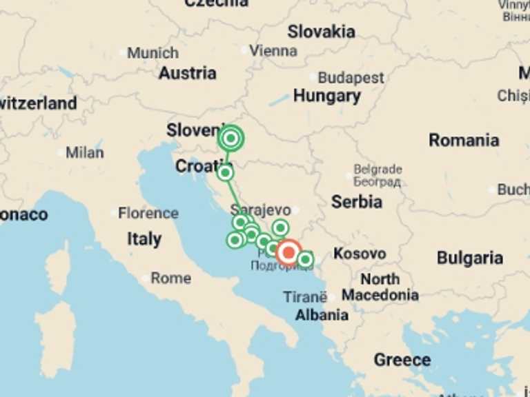 Map itinerary of Mediterranean Tour in July 2026 with 9 destination visits for the trip: Adriatic Wonders (Deluxe Superior) - 14 days