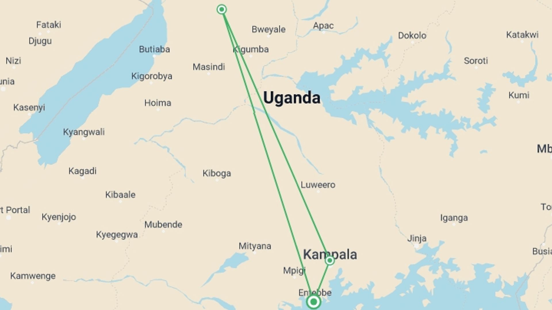 A map showing the tour itinerary for the trip: 2-Day Trip To Murchison Falls National Park, starting in Entebbe, Uganda and ending in Entebbe, Uganda going through 2 other destinations.