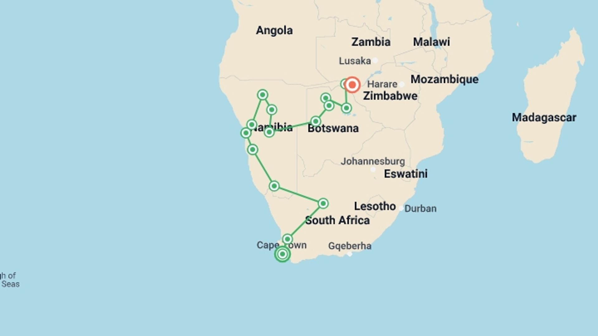 A map showing the tour itinerary for the trip: Cape Town to Victoria Falls Overland Safari & Participation Camping, starting in Cape Town, South Africa and ending in Victoria Falls, Zimbabwe going through 14 other destinations.