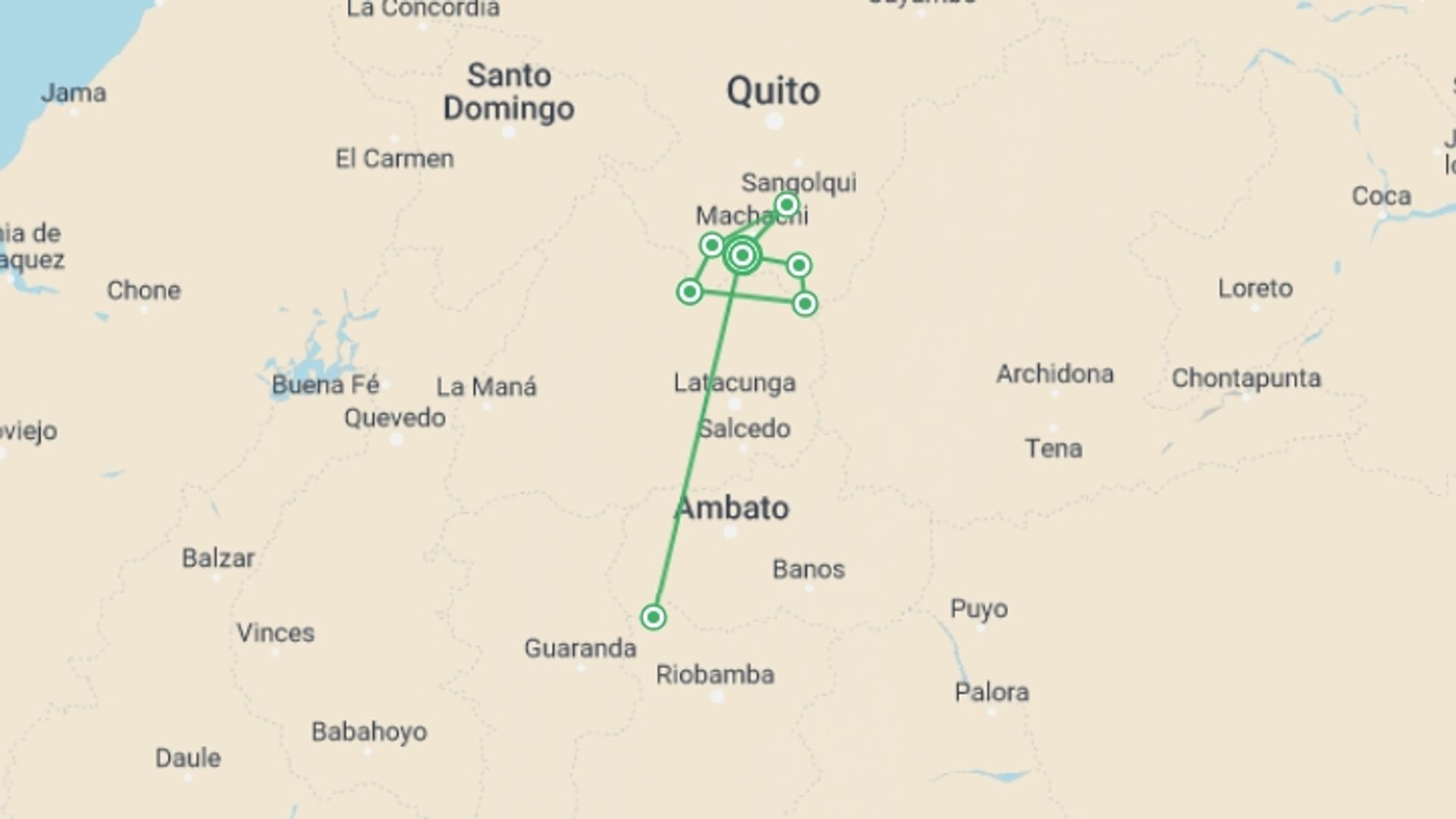A map showing the tour itinerary for the trip: Chimborazo Prince Challenge, starting in Hostería PapaGayo Cotopaxi, Ecuador and ending in Hostería PapaGayo Cotopaxi, Ecuador going through 7 other destinations.