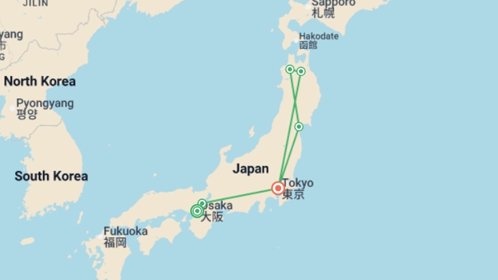 A map showing the tour itinerary for the trip: Majestic Japan, starting in Osaka, Japan and ending in Tokyo, Japan going through 4 other destinations.